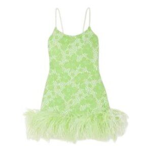 Leslie Amon Feather-Trimmed Jacquard-Knit Mini Dress in Green